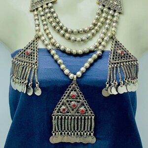 Beaded Layered Necklace, Silver Gypsy Vintage Necklace With Three Dangling